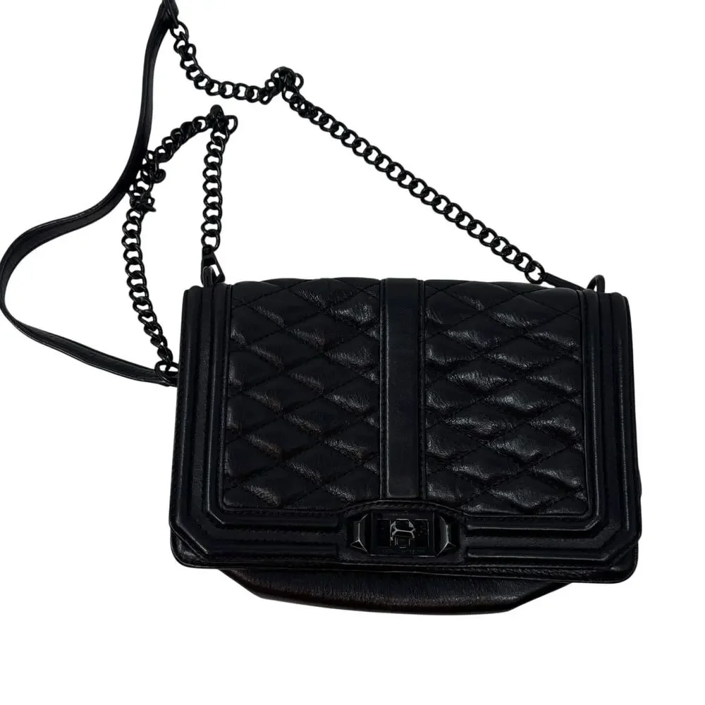 Rebecca Minkoff Quilted Love Black Leather Crossbody Bag Chain Goth Grunge Emo